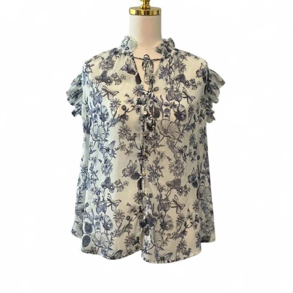 Chico's Blouse Women 2 L Blue White Excellent Floral Butterfly Tie Neck Ruffle
